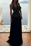 Casual Polka Dot Print Backless Sleeveless Belted Long Vacation Mesh Sheer Halter Pleated Maxi Dresses