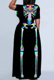 Halloween Costumes Skull Print O Neck Short Sleeve Floor Length Plus Size Loose Maxi Dress