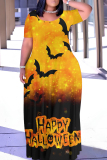 Halloween Pumpkin Bat Print Short Sleeve Floor Length Plus Size Loose T Shirt Maxi Dress