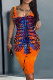 Halloween Skull Print U Neck Sleeveless Plus Size Bodycon Midi Tank Dress