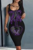 Halloween Skull Print U Neck Sleeveless Plus Size Bodycon Midi Tank Dress