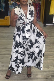Casual Floral Print Turndown Collar Sleeveless Front Tie Vacation A Line Maxi Dresses
