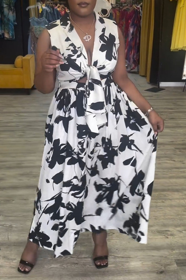 Casual Floral Print Turndown Collar Sleeveless Front Tie Vacation A Line Maxi Dresses
