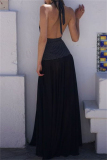 Casual Polka Dot Print Backless Sleeveless Belted Long Vacation Mesh Sheer Halter Pleated Maxi Dresses