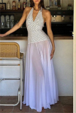 Casual Polka Dot Print Backless Sleeveless Belted Long Vacation Mesh Sheer Halter Pleated Maxi Dresses