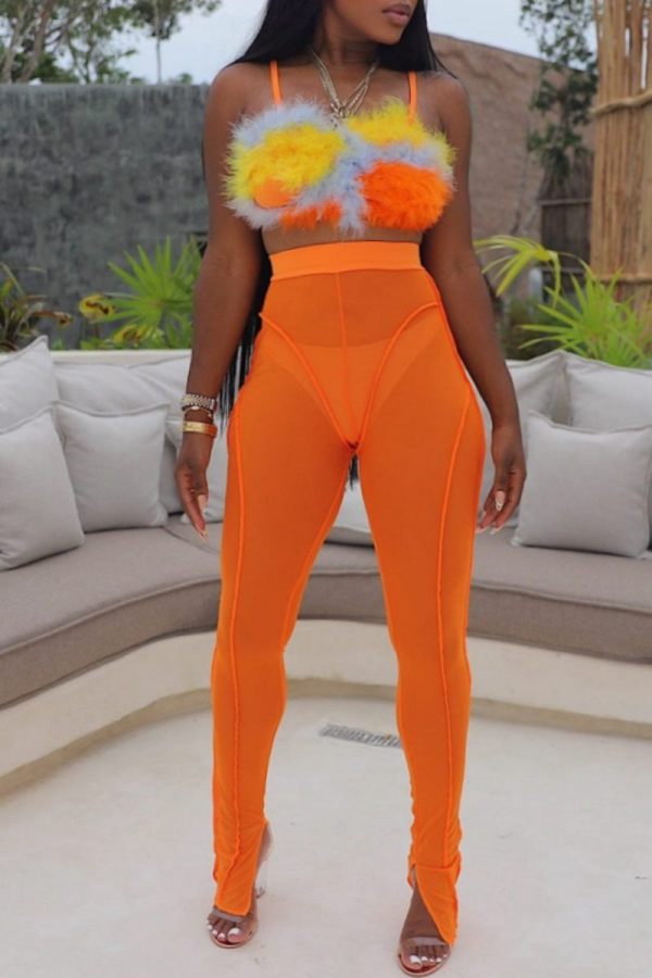 Nightclub Sleeveless Backless See-Through Ostrich Feather Cami Crop Tops And Skinny Pants Two Pieces Trouser Sets