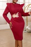 Formal 3D Ruffle Decor O Neck Long Sleeve Formal Party Evening Mother Of The Bride Bodycon Midi Dresses
