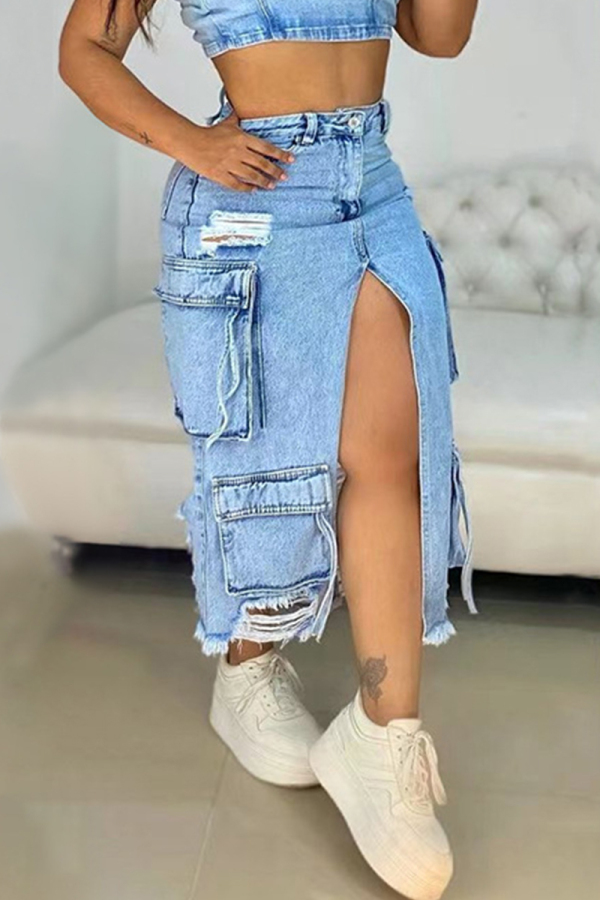 Street Zipper High Waist High Slit Straight Pocket Raw Hem Ripped Denim Cargo Maxi Skirts