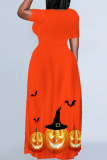 Halloween Pumpkin Bat Print Short Sleeve Floor Length Plus Size Loose T Shirt Maxi Dress