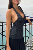 Casual Polka Dot Print Backless Sleeveless Belted Long Vacation Mesh Sheer Halter Pleated Maxi Dresses