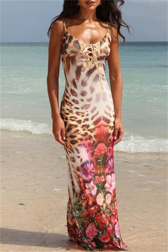 Casual Floral Print Backless Sleeveless Spaghetti Strap Long Vacation Bodycon Maxi Slip Dress