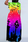 Halloween Pumpkin Bat Print Short Sleeve Floor Length Plus Size Loose T Shirt Maxi Dress