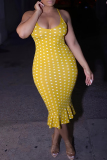 Polka Dot Print Sleeveless Backless Spaghetti Strap Ruffle Hem Plus Size Bodycon Midi Slip Dresses