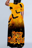 Halloween Pumpkin Bat Print Short Sleeve Floor Length Plus Size Loose T Shirt Maxi Dress