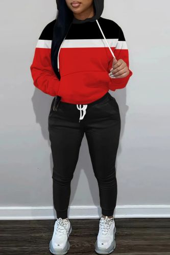 Sportwear Casual Striped Print Long Sleeve Hooded Sweatshirt And Drawstring Pants Two Pieces Sweatpant Sets