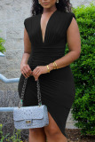 Formal Deep V Neck Wrapped Skirt Office Lady Ruched Bodycon Midi Dresses