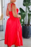 Casual Backless Spaghetti Strap Sleeveles Ruched Belteds Bubble Hem Vacation Maxi Slip Dresses