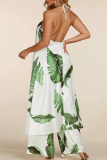 Casual Leaf Print Backless Sleeveless Belted Front Sit Halter Longline Blouse And Wide Leg Pants Vacation Two Pieces Trouser Sets