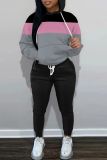 Sportwear Casual Striped Print Long Sleeve Hooded Sweatshirt And Drawstring Pants Two Pieces Sweatpant Sets