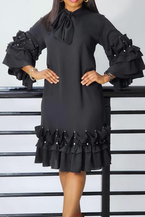 Casual Half A Turtleneck Ruffle Flare Sleeve Tiered Hem A Line Formal Party Evening Midi Wedding Guest Dresses