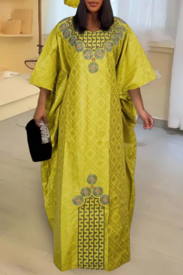 African Print Casual O Neck Half Sleeve Long Plus Size Loose Vacation Maxi Boho Robe Dresses