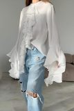 Casual O Neck Ruffle Long Sleeve Ruffle Trim Front Slit Women's Blouse Cardigan Top