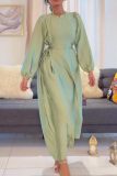 Formal O Neck Long Sleeve With Belted Long Loose Vacation Office Lady Maxi Dresses