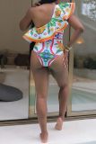 Enamel Print Sleeveless Backless Ruffle Trim One Piece Swimsuit Beach Vacation Swimwears