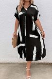 Casual Graphcis Print V Neck Short Sleeve Plus Size Loose Vacation Midi Dresses