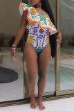 Enamel Print Sleeveless Backless Ruffle Trim One Piece Swimsuit Beach Vacation Swimwears