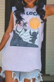 Casual Tropical Print O Neck Sleeveless Vacation Beach Oversize Tank T-shirt