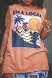 Casual Tropical Print O Neck Sleeveless Vacation Beach Oversize Tank T-shirt