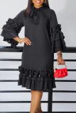 Casual Half A Turtleneck Ruffle Flare Sleeve Tiered Hem A Line Formal Party Evening Midi Wedding Guest Dresses