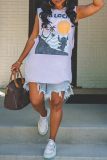 Casual Tropical Print O Neck Sleeveless Vacation Beach Oversize Tank T-shirt