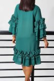 Casual Half A Turtleneck Ruffle Flare Sleeve Tiered Hem A Line Formal Party Evening Midi Wedding Guest Dresses