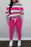 Sportwear Casual Striped Print Long Sleeve Hooded Sweatshirt And Drawstring Pants Two Pieces Sweatpant Sets