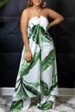 Casual Leaf Print Backless Sleeveless Belted Front Sit Halter Longline Blouse And Wide Leg Pants Vacation Two Pieces Trouser Sets