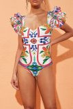 Boho Print Sleeveless Backless Ruffle Trim One Piece Swimsuit Beach Vacation Swimwears