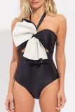 Backless Bow Decor Belted One Piece Swimsuit Vacation Beach Swimwears