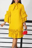 Casual Half A Turtleneck Ruffle Flare Sleeve Tiered Hem A Line Formal Party Evening Midi Wedding Guest Dresses