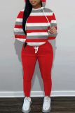 Sportwear Casual Striped Print Long Sleeve Hooded Sweatshirt And Drawstring Pants Two Pieces Sweatpant Sets