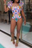 Boho Print Sleeveless Backless Ruffle Trim One Piece Swimsuit Beach Vacation Swimwears