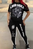 Halloween Costumes Skull Print O Neck Short Sleeve T-shirt Skinny Leg Pants Two Pieces Sweatpants Set