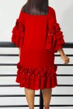Casual Half A Turtleneck Ruffle Flare Sleeve Tiered Hem A Line Formal Party Evening Midi Wedding Guest Dresses