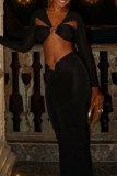 Club Asymmetrical Collar Long Sleeve Hollow Out Crop Tops And Maxi Skirt Party Evening Two Pieces Dress Sets