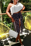 Sleeveless Backless Ruffle Trim Bra And Mini Shorts with Polka Dot Print Cover Up Slit Midi Skirt Bikini Sets Formal Party Evening Three Piece Swimsui
