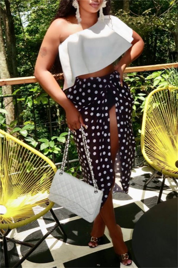 Sleeveless Backless Ruffle Trim Bra And Mini Shorts with Polka Dot Print Cover Up Slit Midi Skirt Bikini Sets Formal Party Evening Three Piece Swimsui