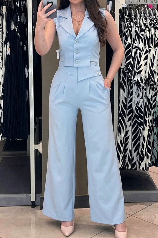 Formal Turn-back Collar Sleeveless Buttons Irregular Blazer Vest And Wide Leg Pants Office Lady Two Pieces Suit Set