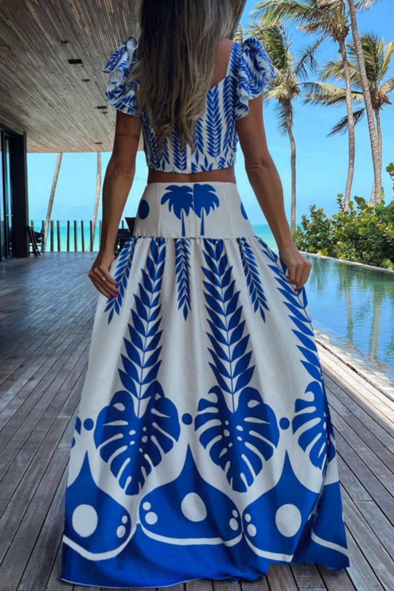 Street Elegant Tropical Print V Neck Sleeveless Two Pieces