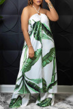Casual Leaf Print Backless Sleeveless Belted Front Sit Halter Longline Blouse And Wide Leg Pants Vacation Two Pieces Trouser Sets